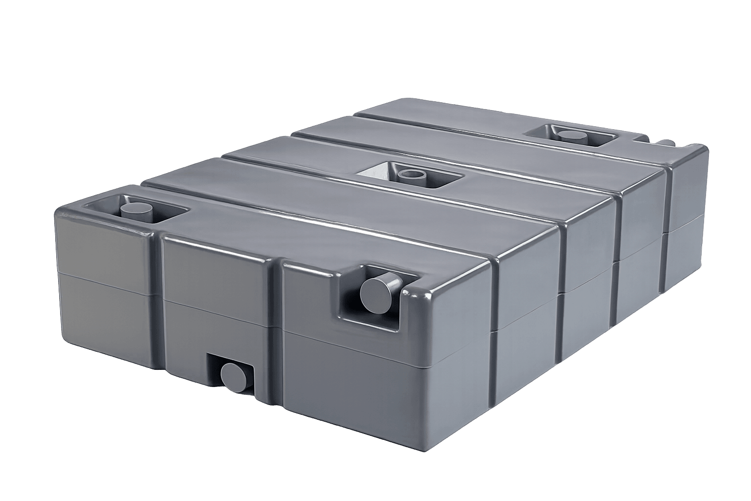 Rectangular grey plastic water storage tank with multiple recessed ports on a white background.