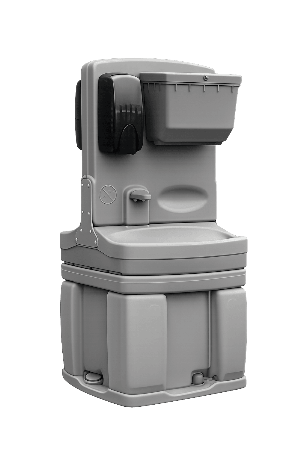 Portable gray handwashing station with sink, soap dispenser, paper towel holder, and foot pump.