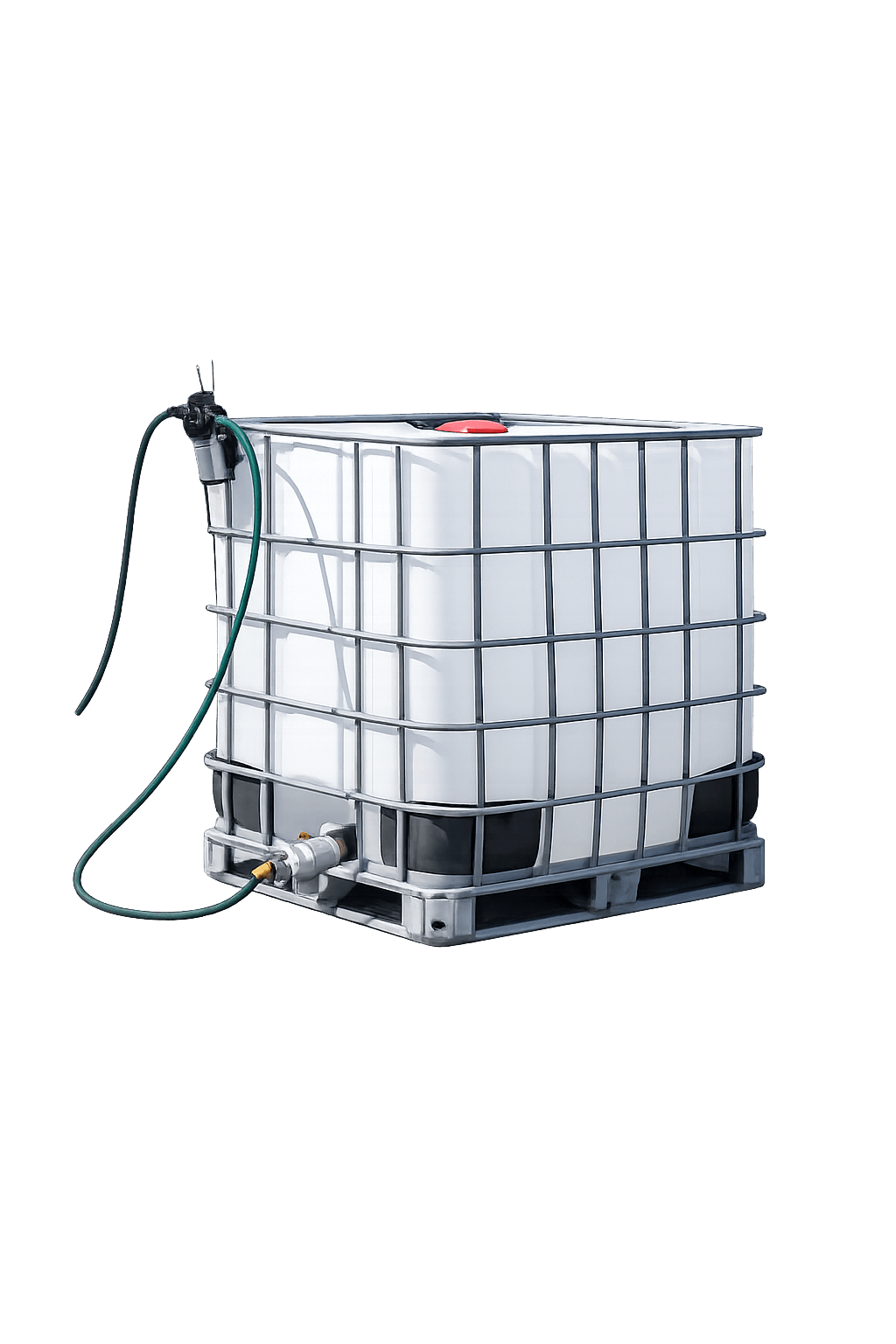 White industrial IBC tank in a metal cage on a pallet with a green hose.