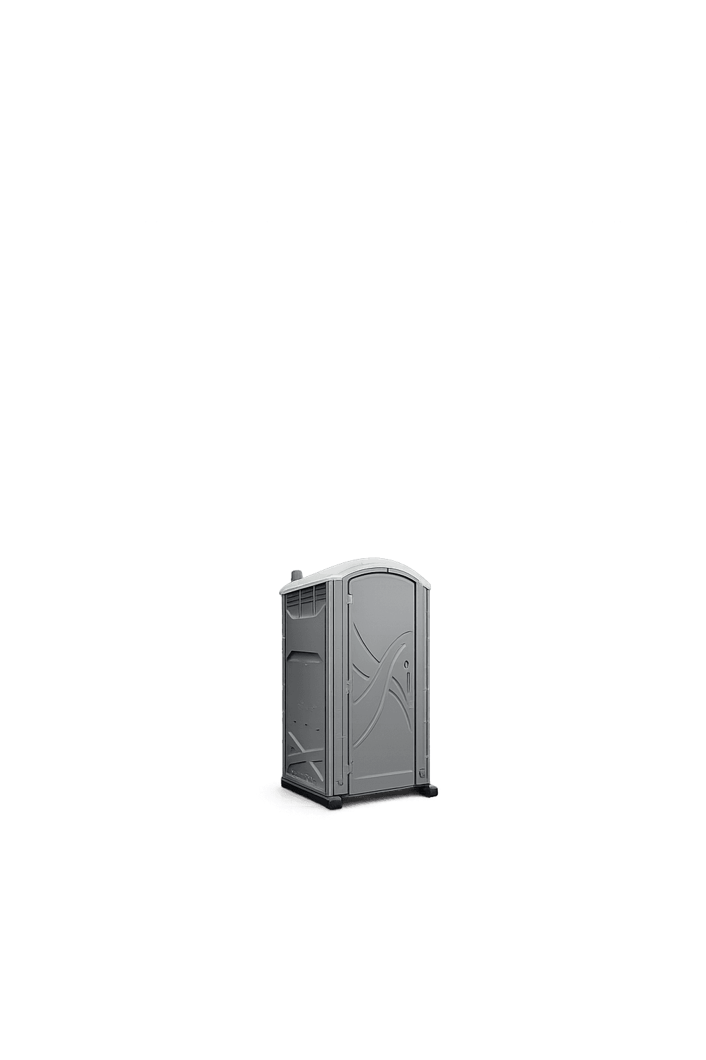 Grey portable toilet with a curved roof and decorative door on a white background.